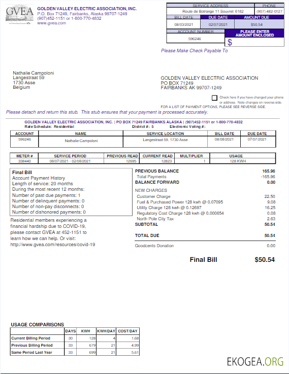 USA GVEA utility bill Word and PDF template